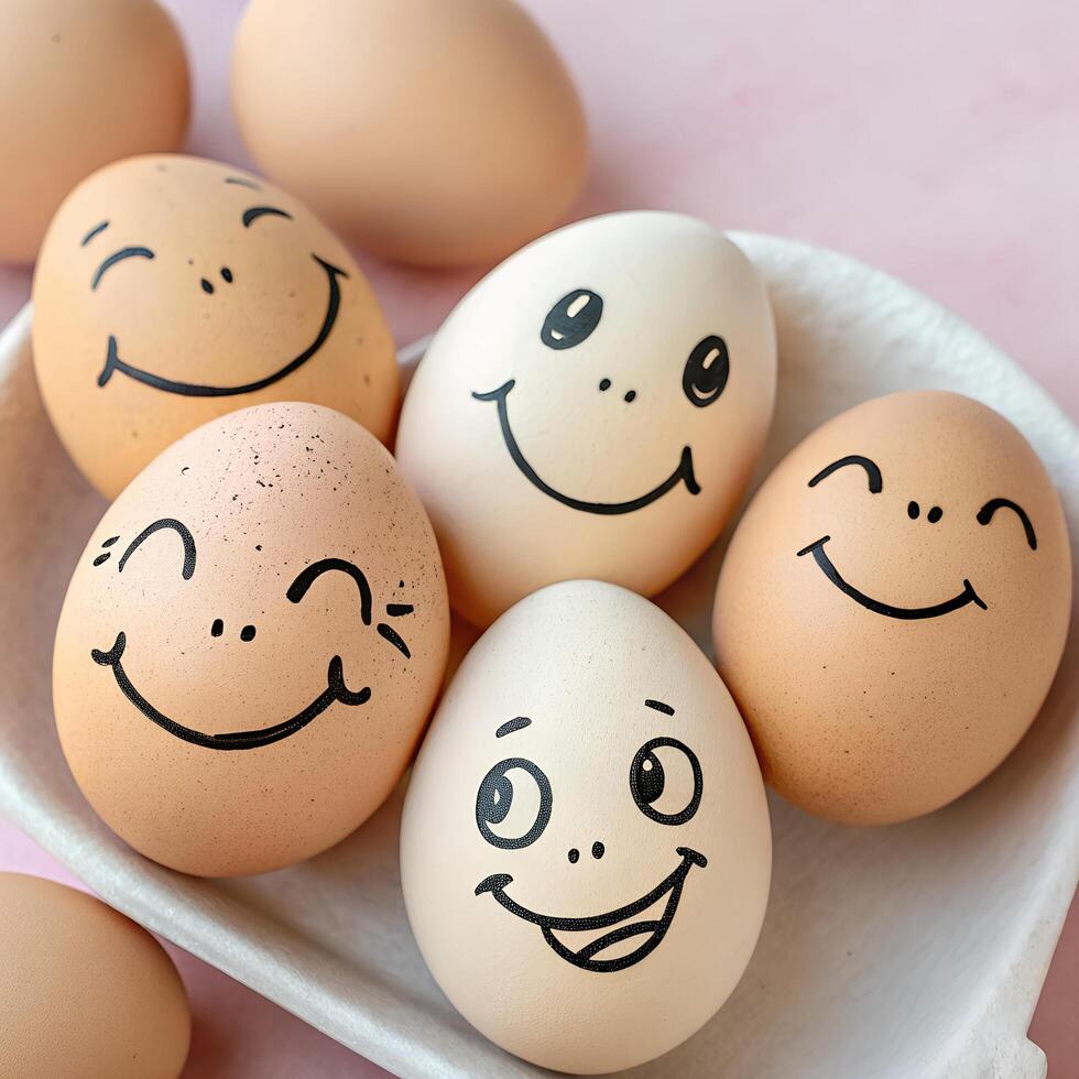 Smiling Egg Faces, Happy Food Group on Tray with Pink Backdrop, Optimistic Expression photo