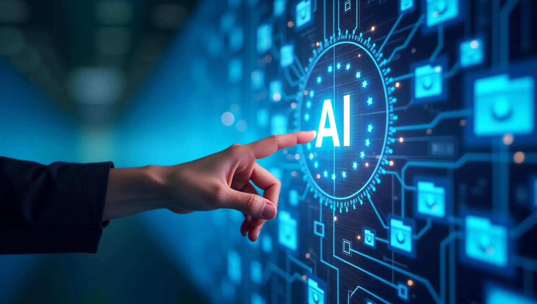 Artificial Intelligence Digital Screen with Human Hand Touch photo