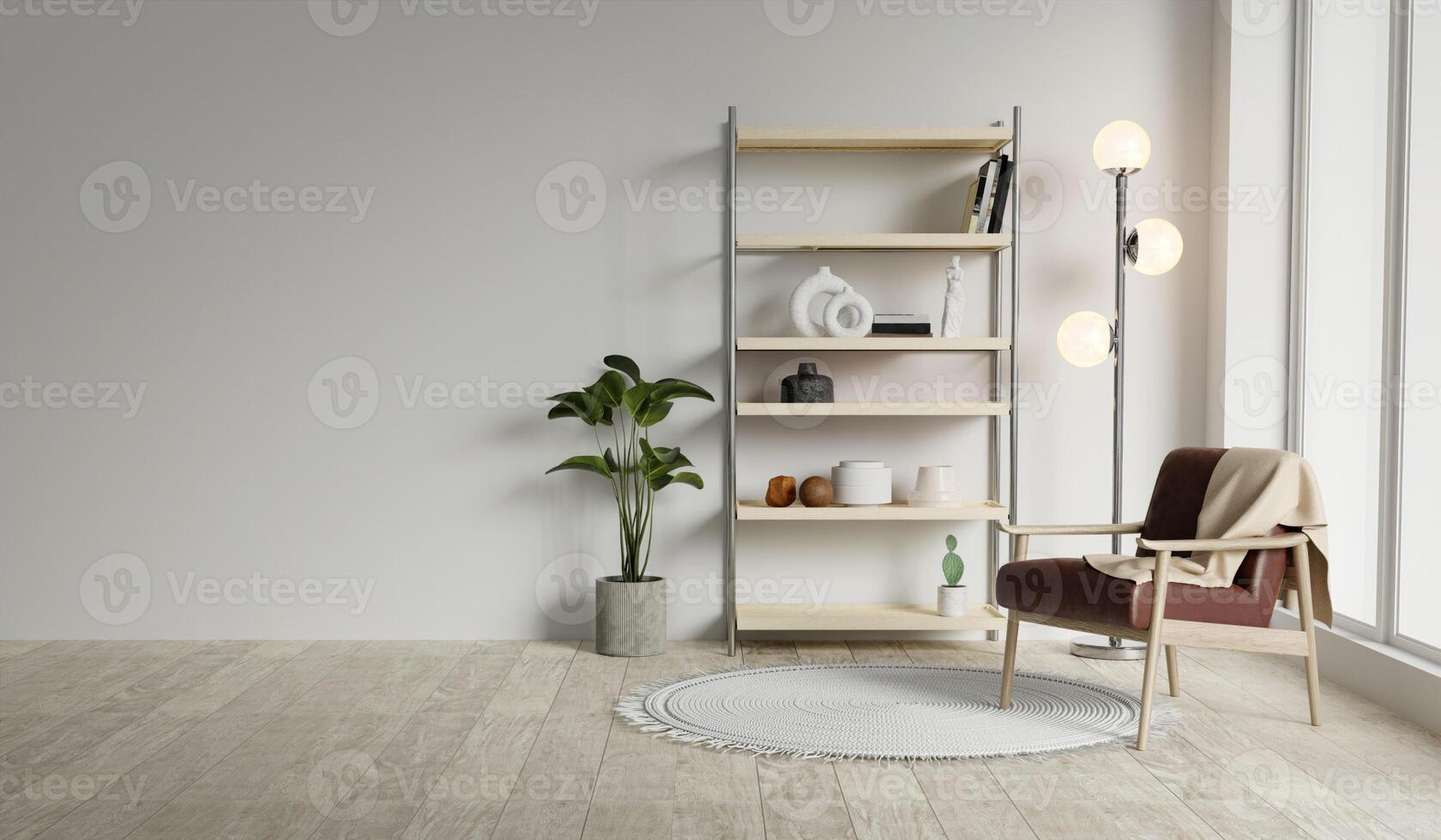 Modern minimalist interior with an arm chair and shelf, empty white wall background. 3d rendering illustration photo