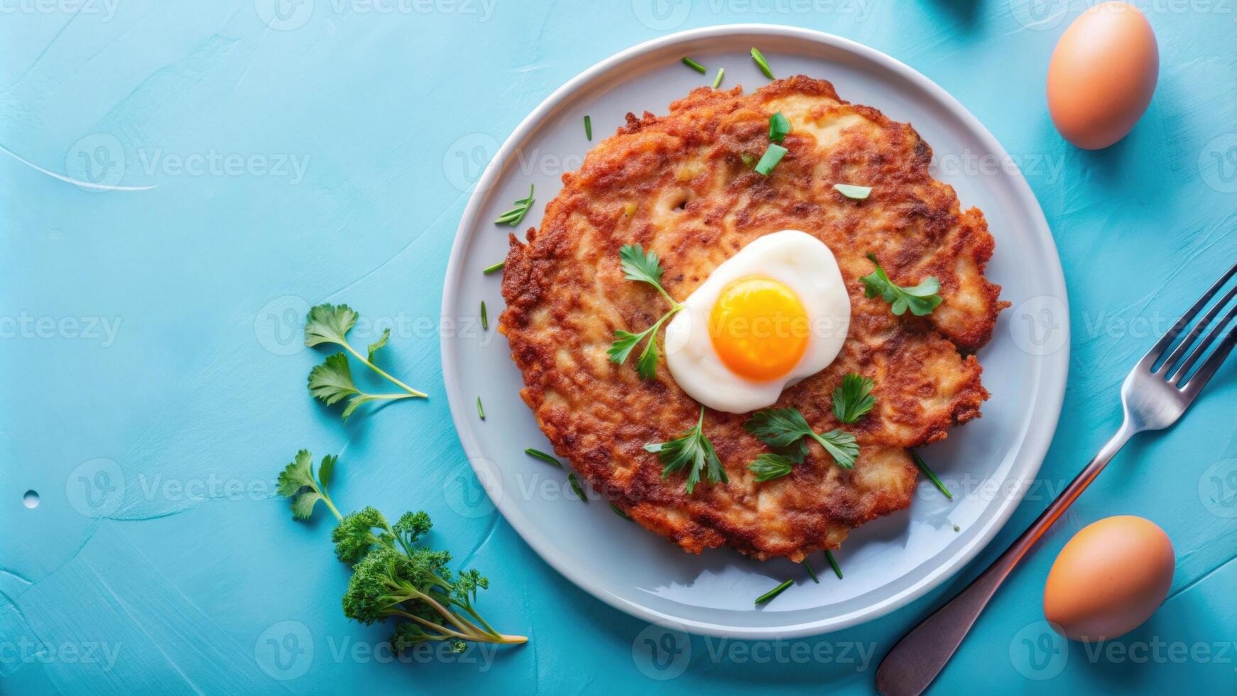 Delicious latkes with fried egg on blue background with copy space photo