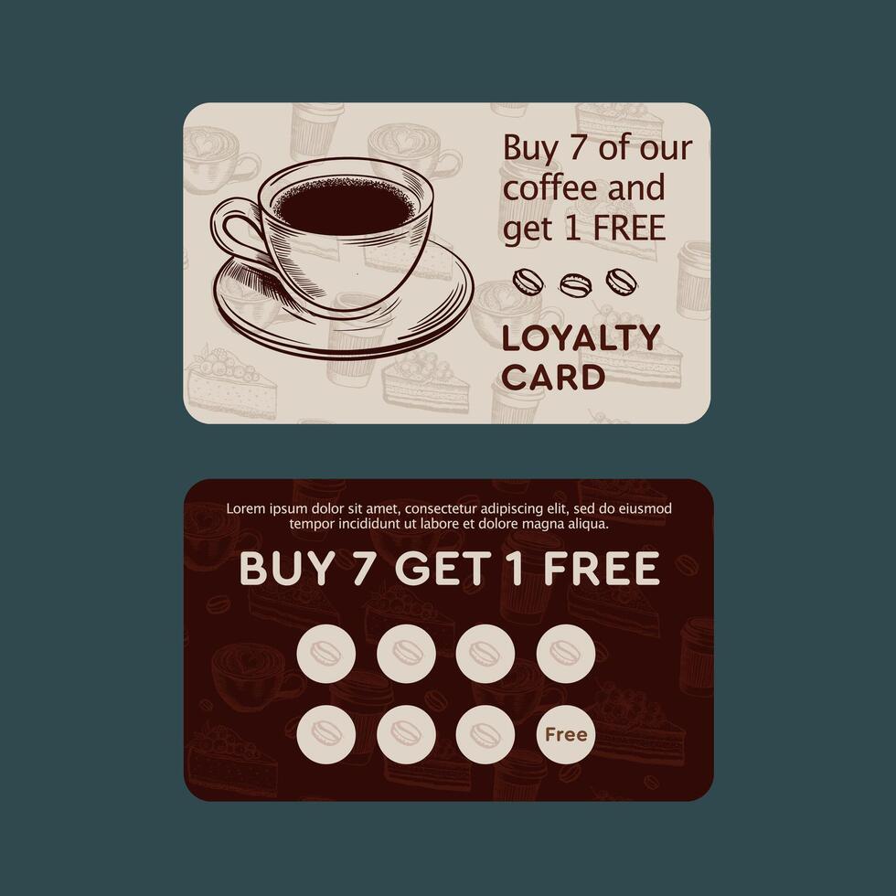 Coffee Bonus card hand drawn style. vector