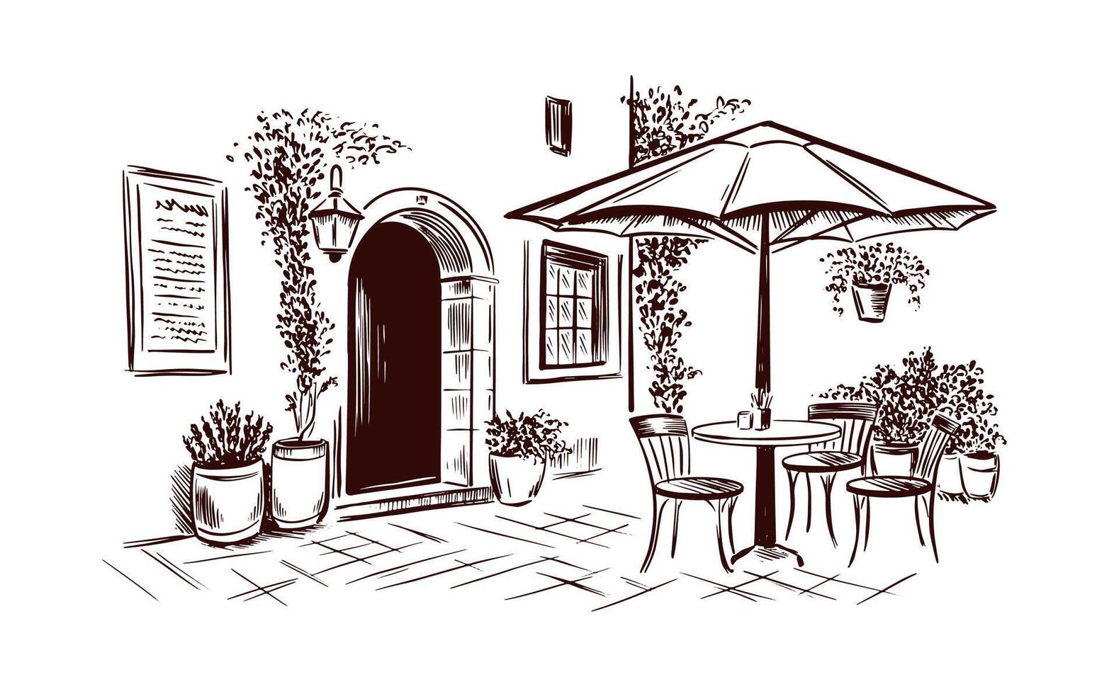 City cafe in the old town, sketch vector
