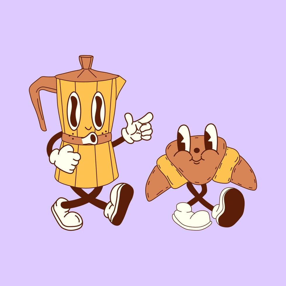 A groovy retro cartoon featuring a smiling coffee pot and a cheerful croissant as breakfast friends. Styled with funky 70s-inspired charm, this playful duo represents the perfect breakfast pairing vector