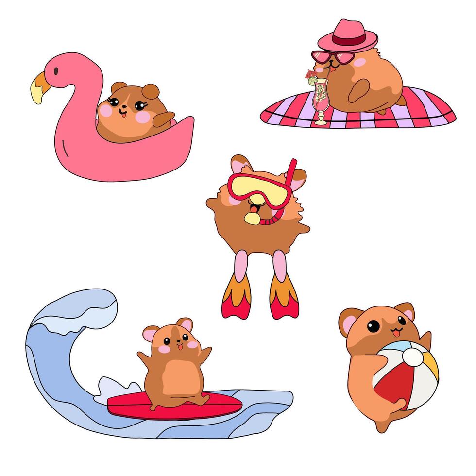 A group of cute hamsters enjoying a fun summer vacation at the beach. Features playful scenes of sunbathing, swimming, eating ice cream, and playing in the sand vector