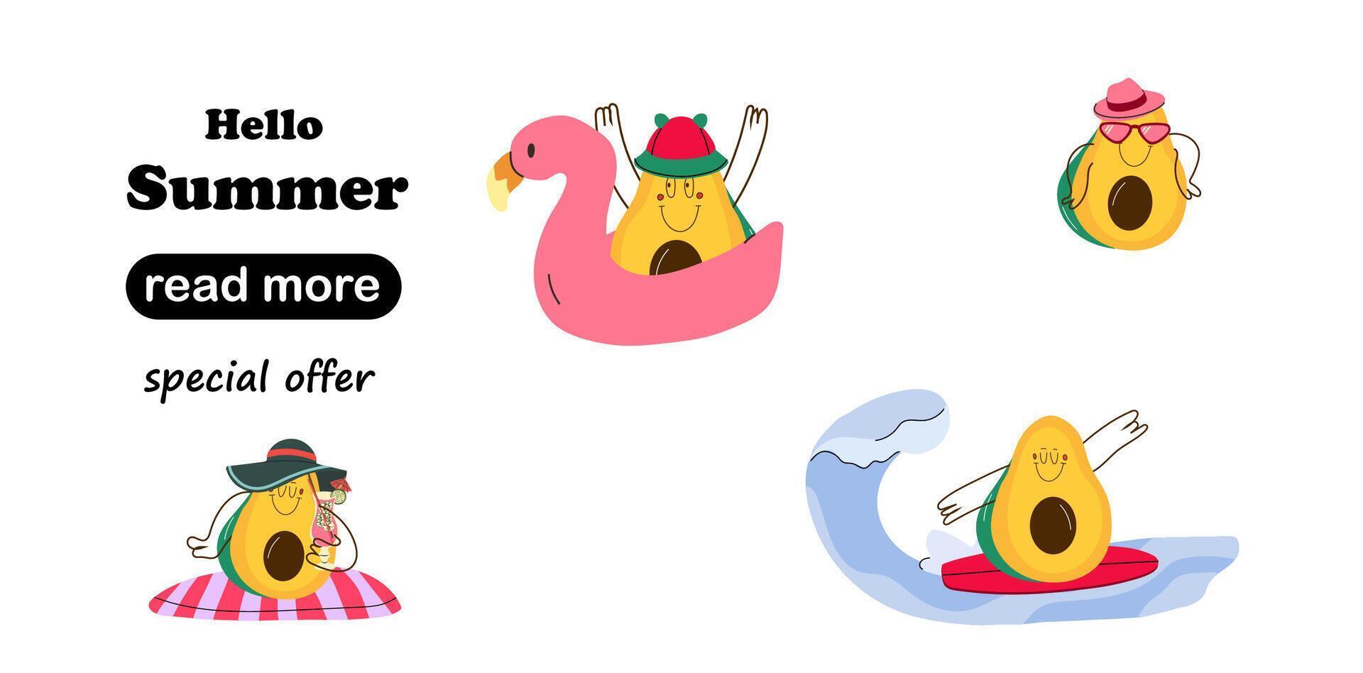 Web page design template. Cartoon avocado characters in fun summer poses vector
