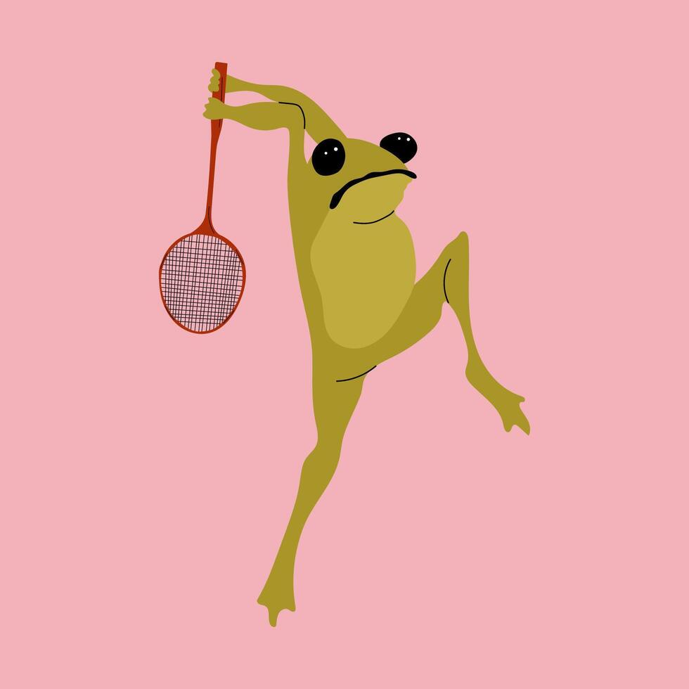 Cartoon frog playing badminton with racket vector