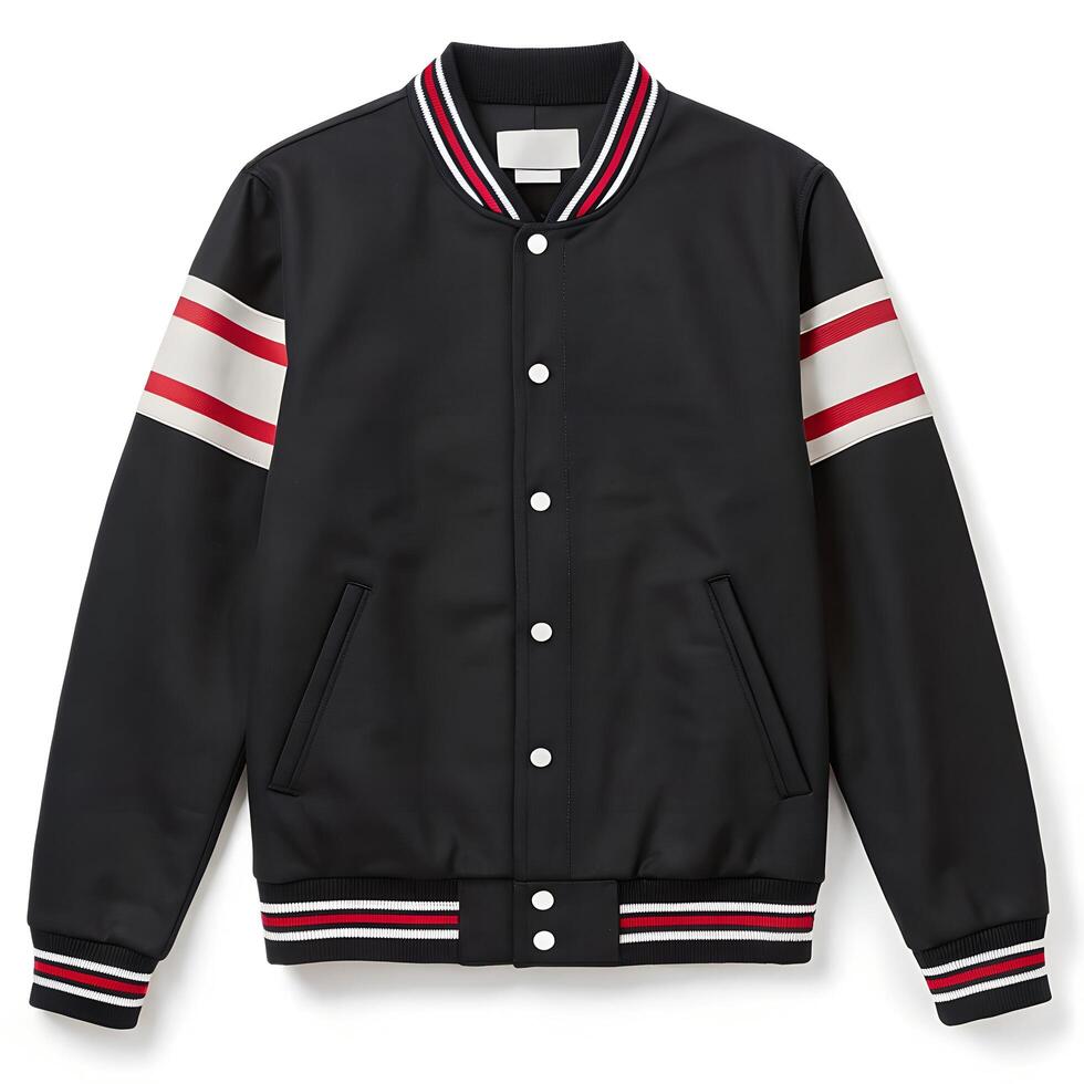 Isolated Black Baseball Jacket with Red White Striped Ribbing on White photo