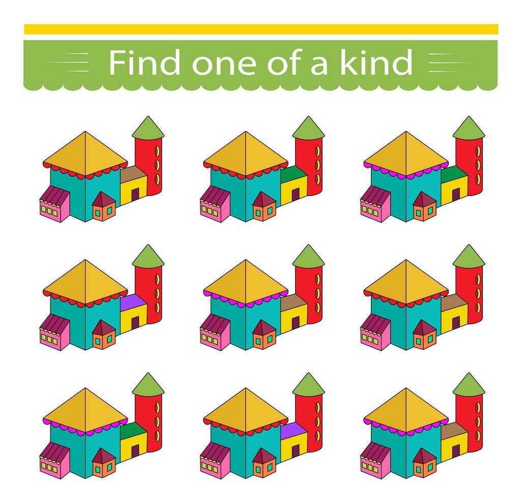 Fun education game for kids. Need to find one of a kind house. Kids activity page. vector
