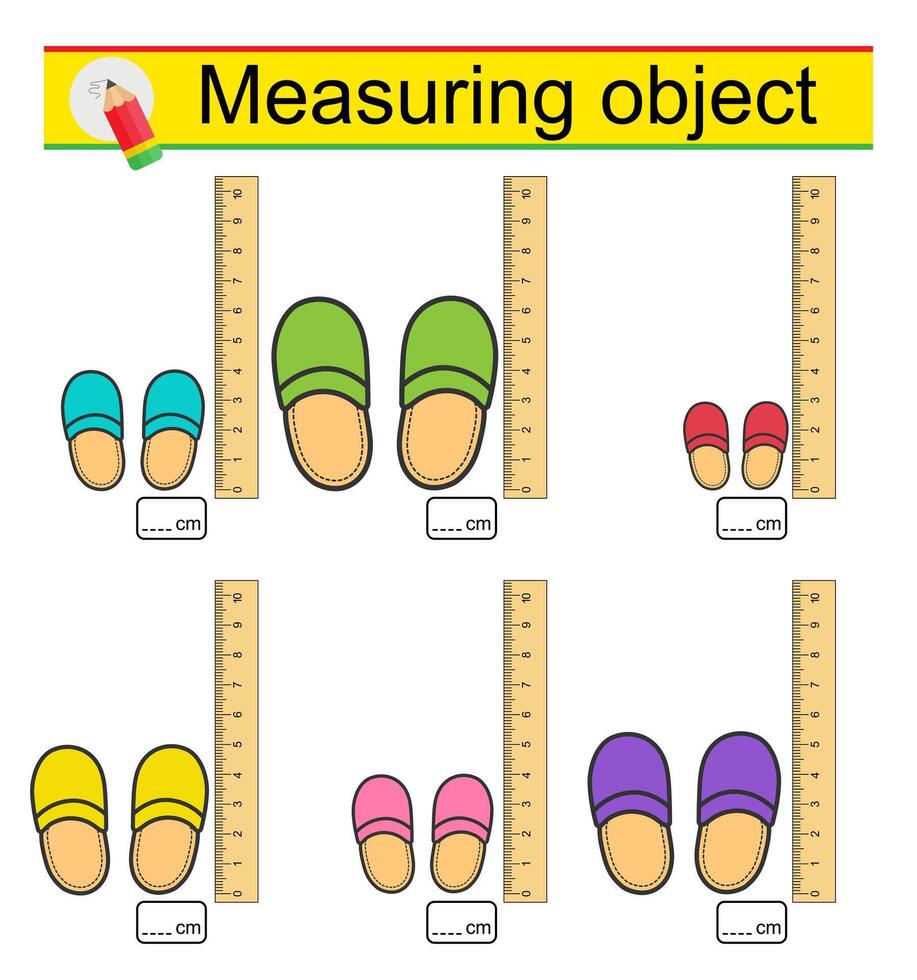 Worksheet for preschool kids. Measuring the length of the slippers with a ruler. vector