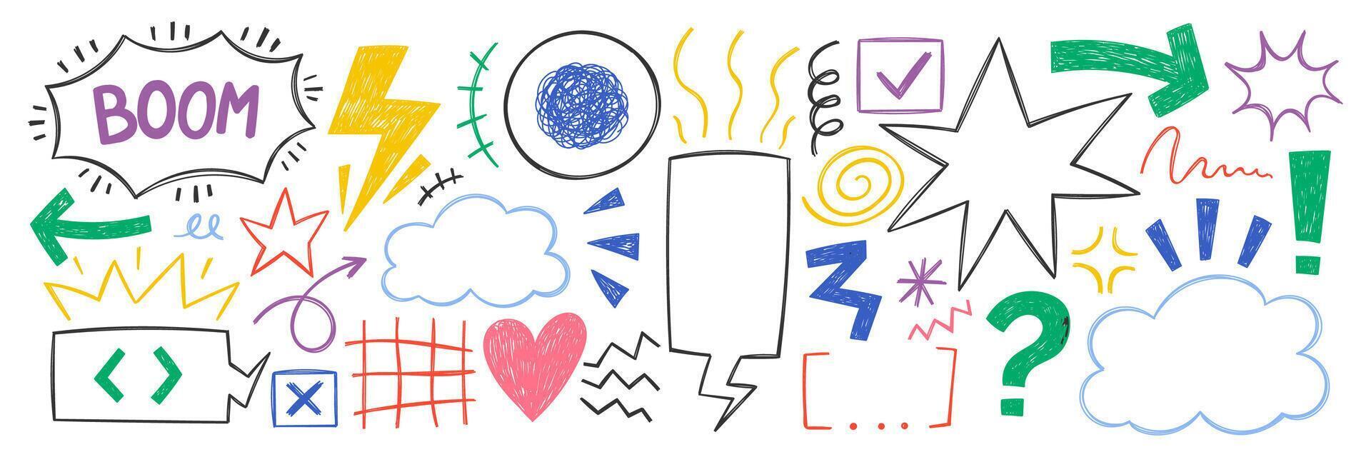 Set of y2k doodle speech bubbles with crayon, chalk or pencil texture. Bolt, star, heart and grid in sketch style. Color illustration on a white background. vector