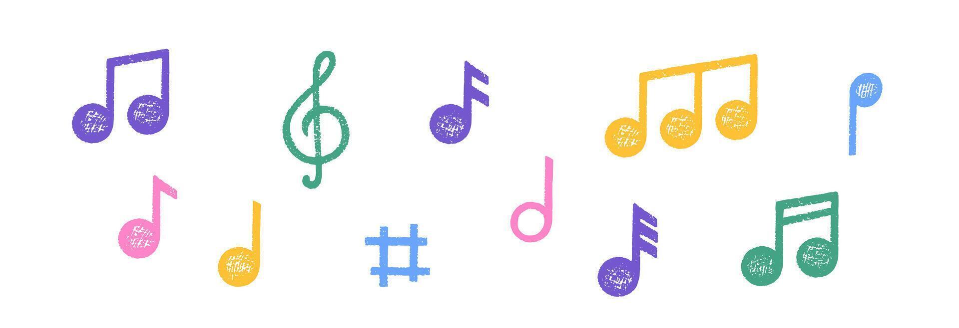 Set of hand drawn music notes with crayon, pastel or chalk texture. Cute doodle elements for kids or decorations. vector
