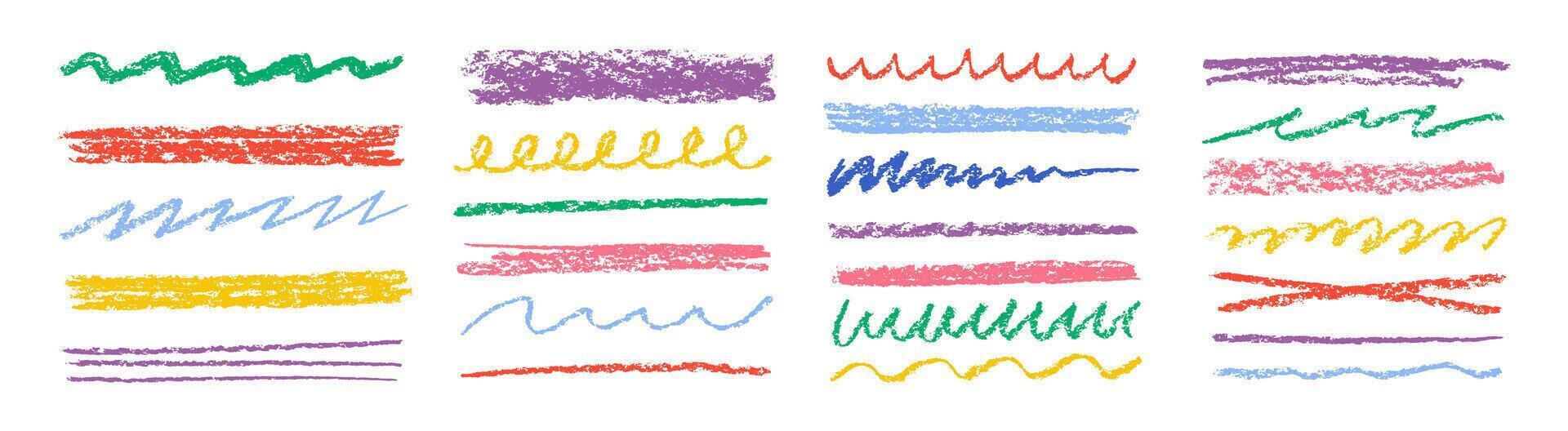 Chalk lines, charcoal highlight strokes doodle set. Kids hand drawing doodle charcoal squiggles, chalk curly lines. Color illustration isolated on a white background. vector