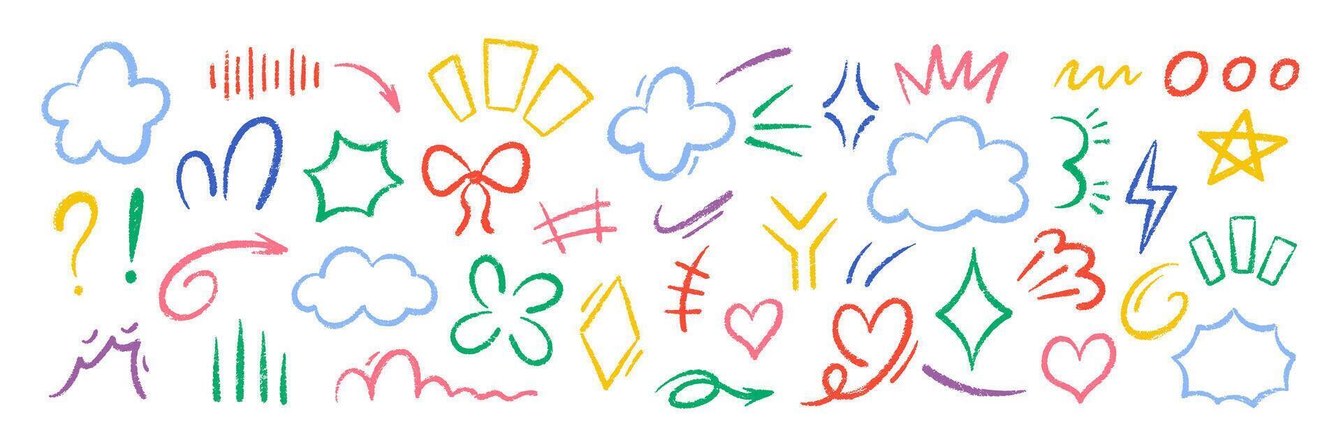 Set of movement elements with crayon, pastel or chalk texture. Expressive, emotion and decoration lines with bow, cloud, heart and exclamation in sketch style. Color illustration. vector