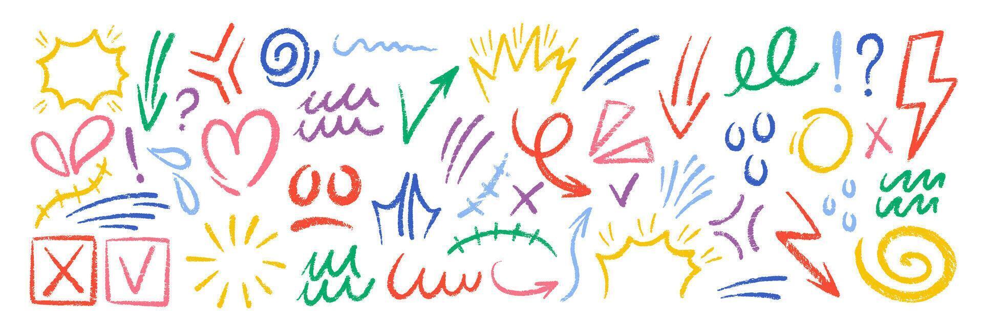 Set of movement elements with crayon, pastel or chalk texture. Expressive, emotion and decoration lines with flower, arrow, spiral and check in sketch style. Color illustration. vector