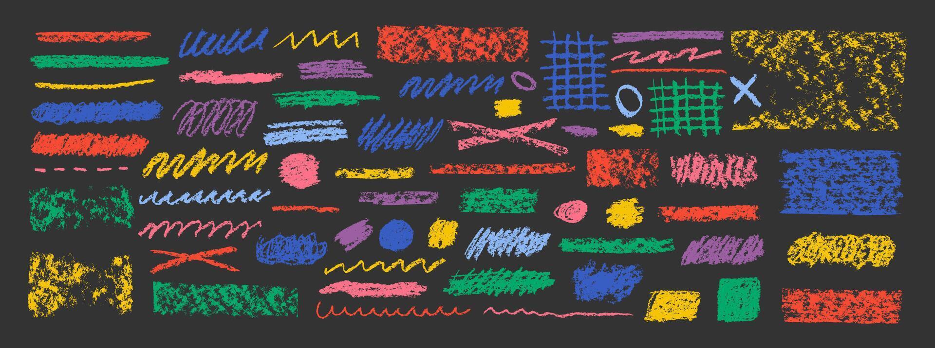 Chalk lines, charcoal highlight strokes doodle set. Grunge hand drawing doodle charcoal squiggles, chalk curly lines. Sketch color illustration isolated on a blackboard. vector