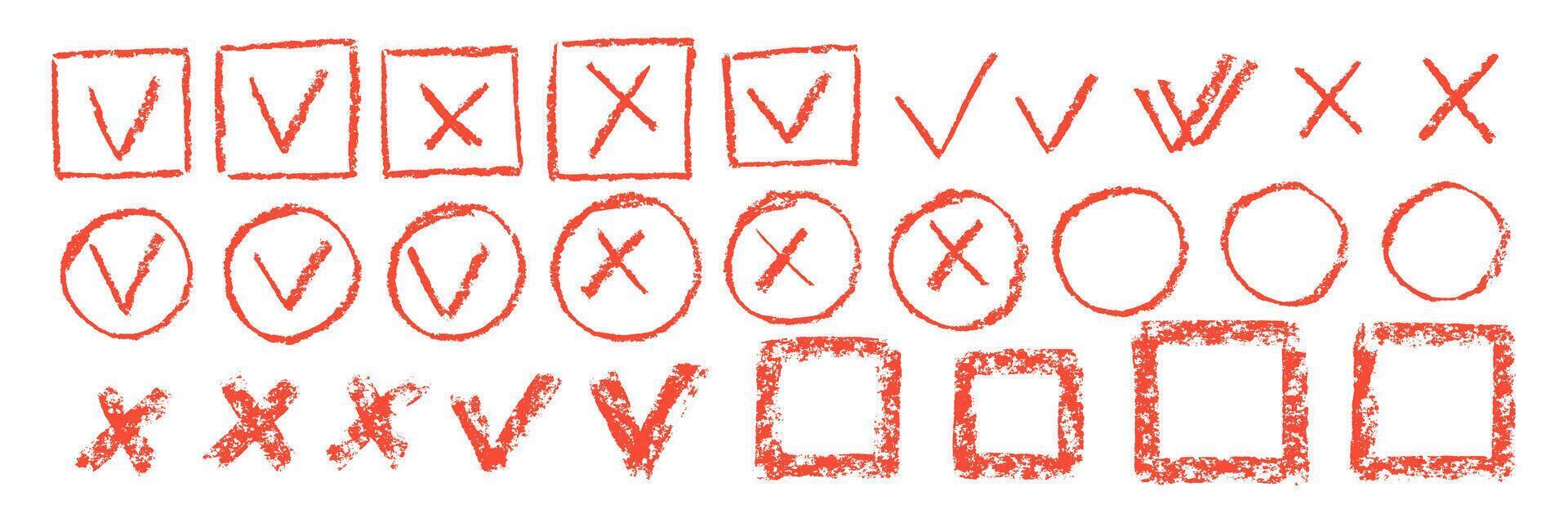 Hand drawn chalk checklist, checkbox, tick and cross signs in rectangle or oval with crayon, pastel or chalk texture. Red illustration isolated on a white background. vector
