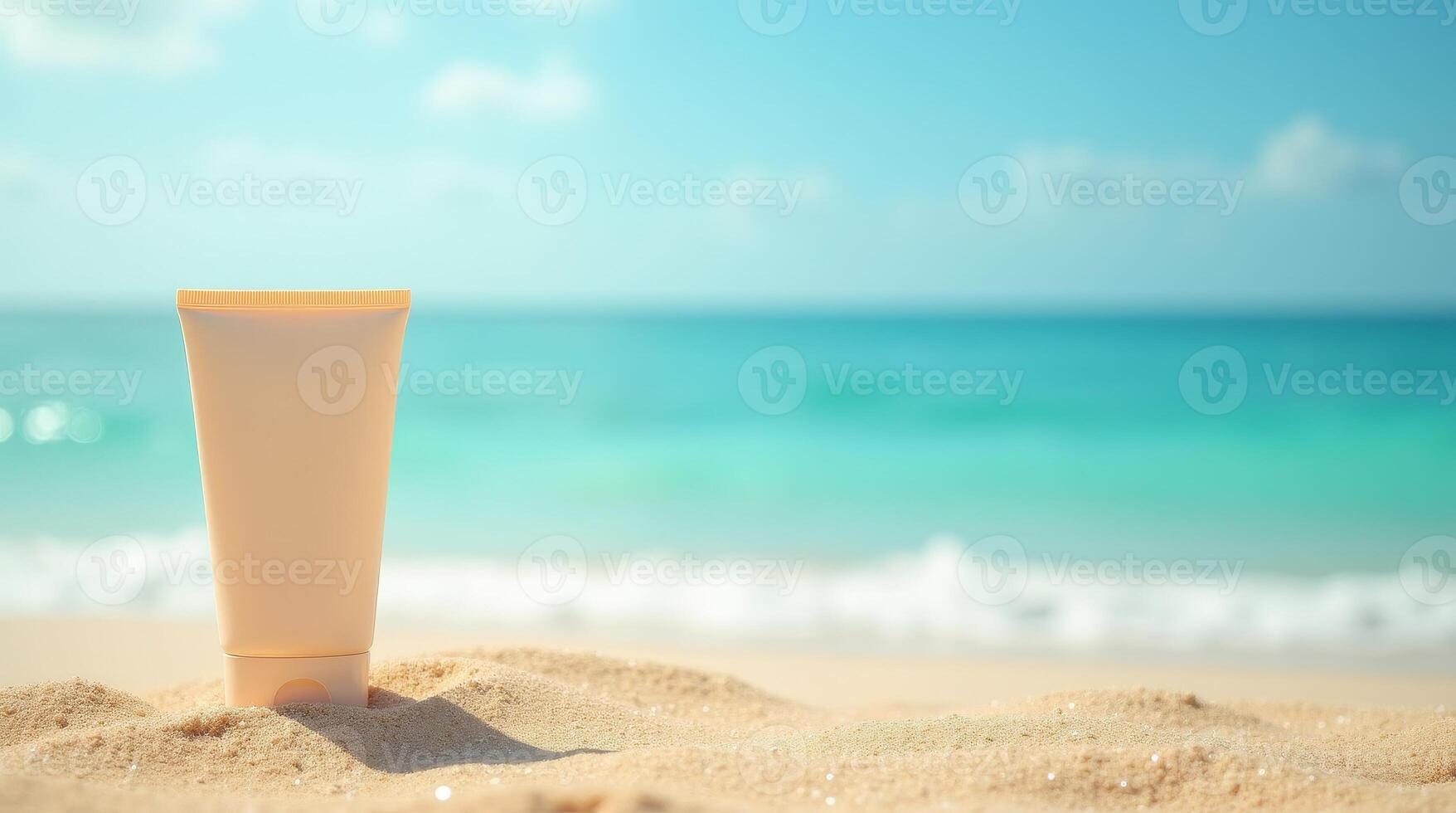 Sunscreen tube on sand against blurred ocean waves. Beach skincare mockup with copy space. Summer vacation and sun protection concept photo