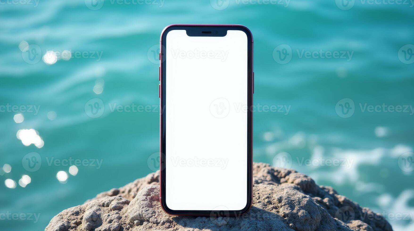 Smartphone with blank white screen standing on rock near water. Mockup for digital advertising, mobile apps, or outdoor technology photo