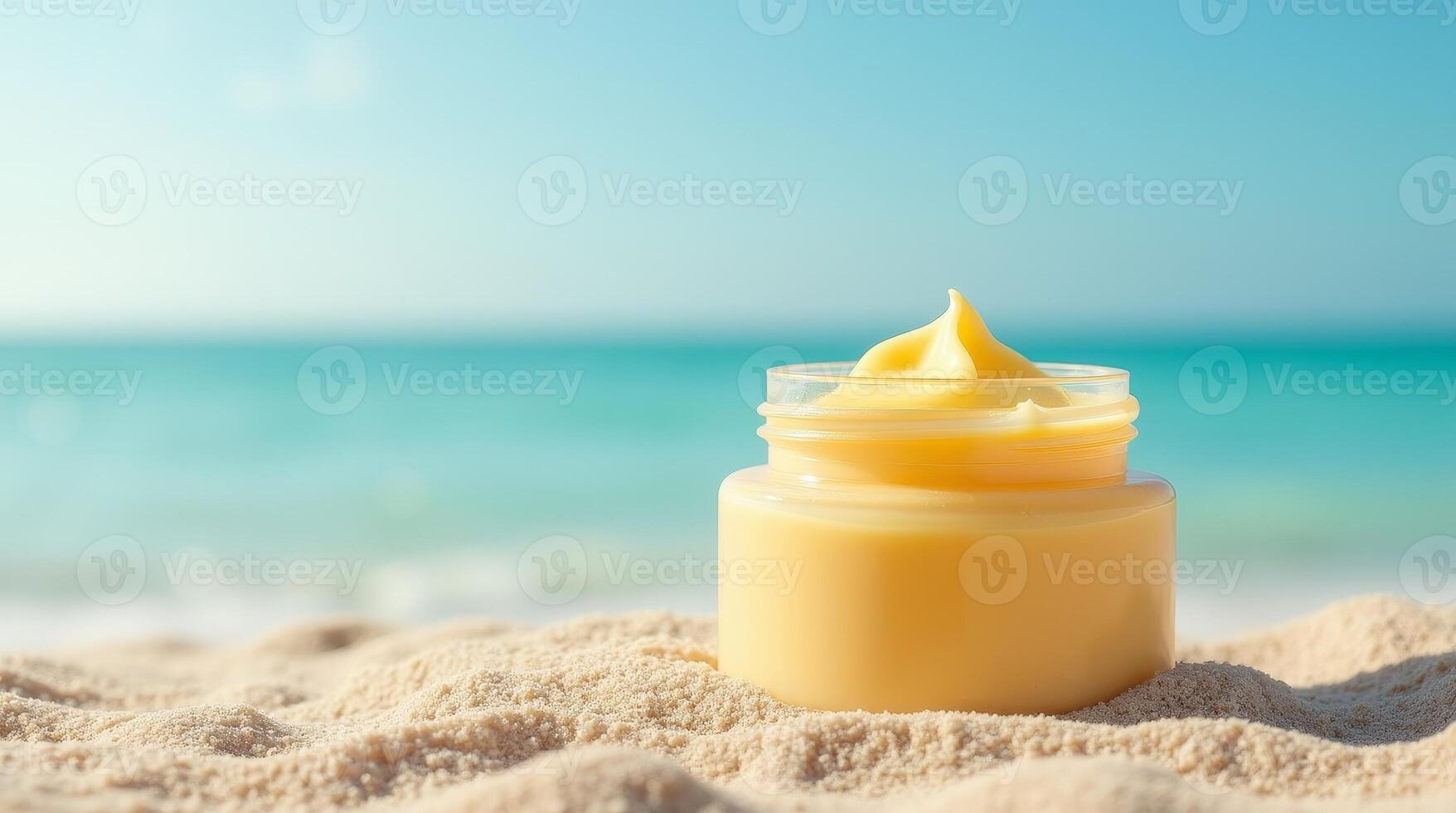 Mockup jar of yellow sunscreen cream on sandy beach with turquoise ocean in background, copy space. Skincare and sun protection concept for summer vacation photo