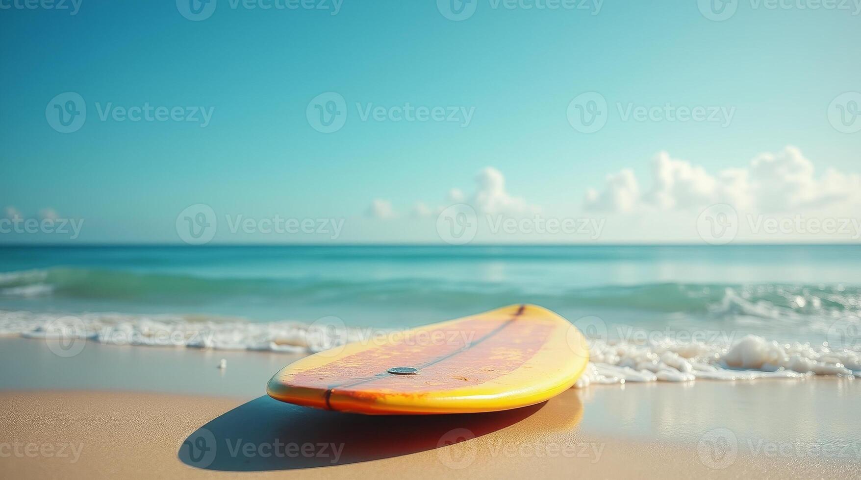 Yellow surfboard lying on wet sand near ocean waves under blue sky. Tropical beach scene with calm sea and horizon view photo