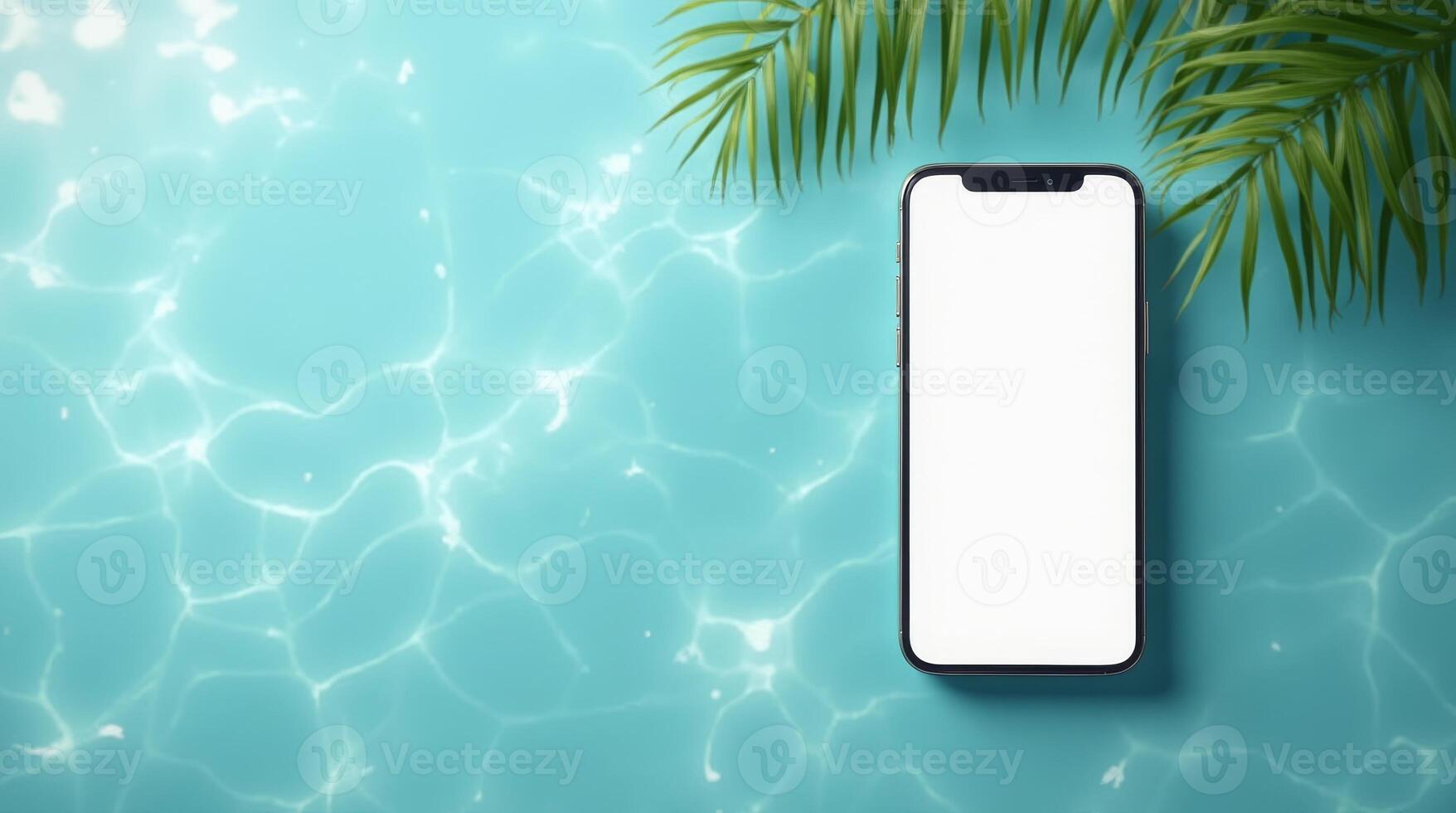 Smartphone with blank white screen on blue water background with palm leaves. Mockup for app or website presentation, copy space photo