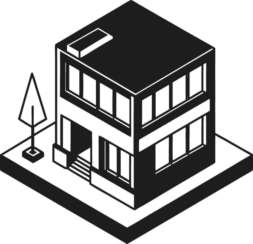 Isometric Modern Building Silhouette - Black Two-Story Office or Home Icon with Tree vector