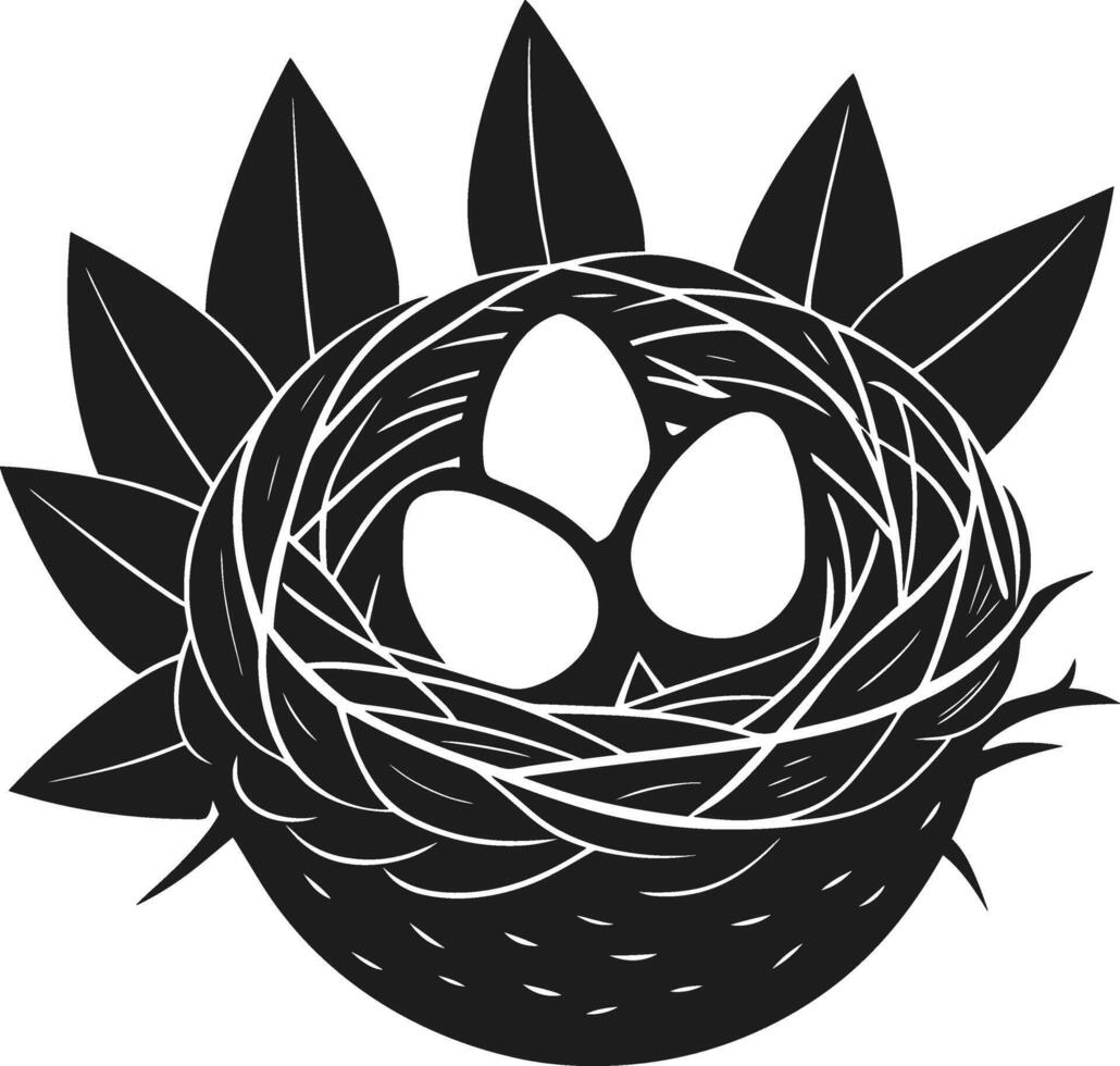 Minimalist Black Silhouette Bird Nest with Three Eggs - Elegant Spring Illustration vector