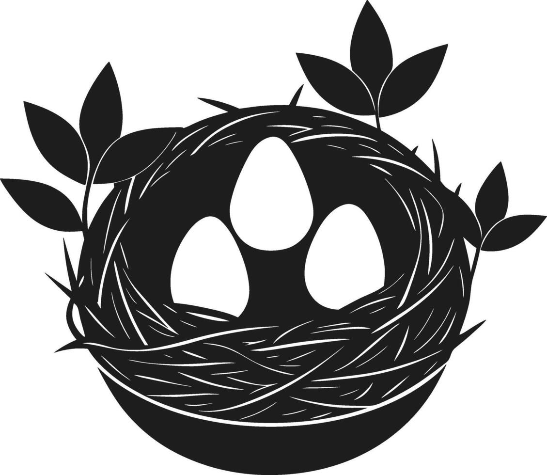 Elegant Bird Nest Silhouette with Eggs and Leaves - Spring Nature Illustration vector