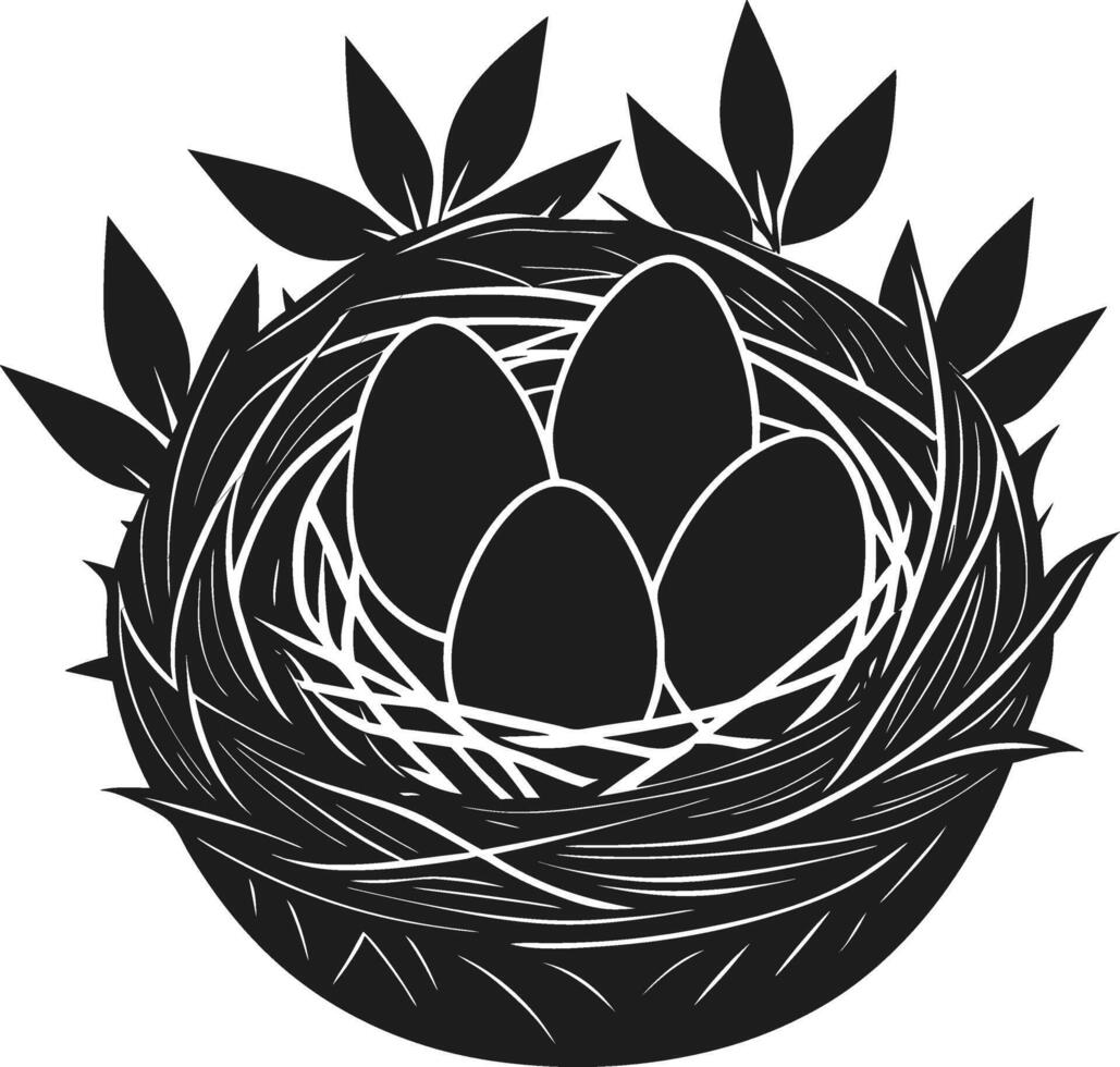 Elegant Black Silhouette Bird Nest with Eggs and Leaves - Spring Illustration vector