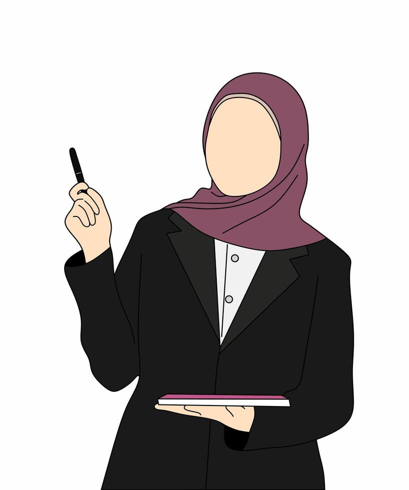 a woman in hijab holding a book and a pen vector
