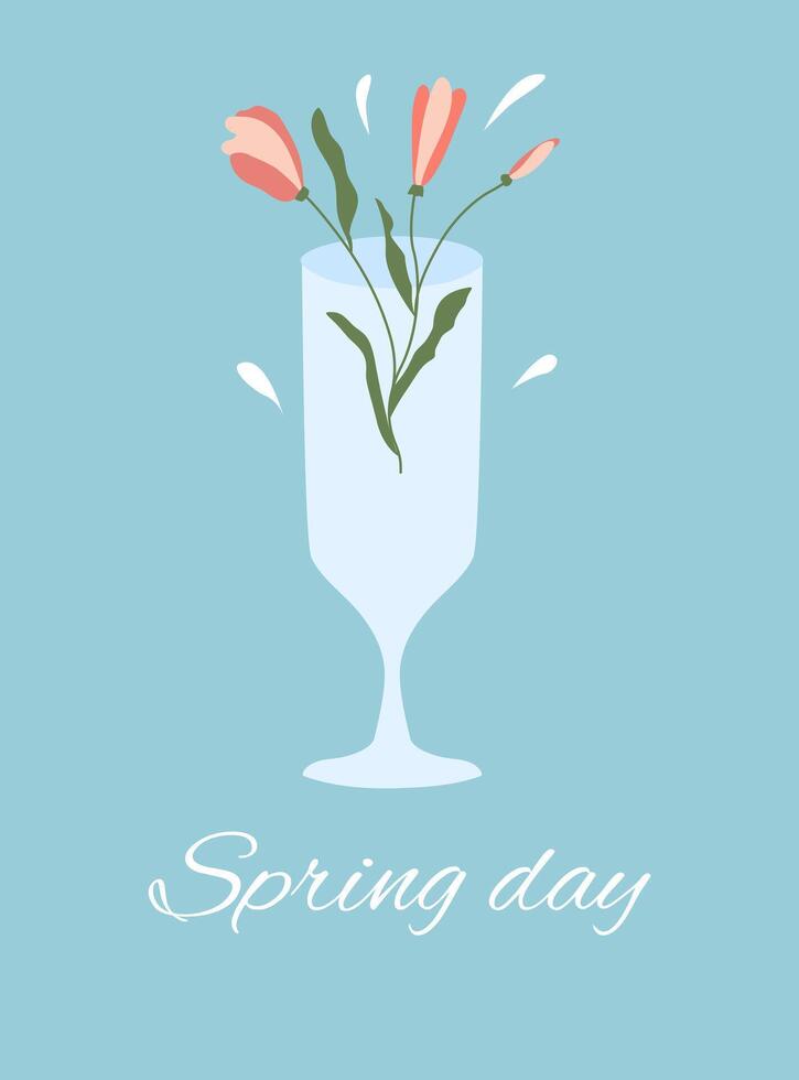 Abstract spring flowers in wine drinking glass. Spring flower drink. Element for design of poster, social media, invitation. Trendy spring card template. vector