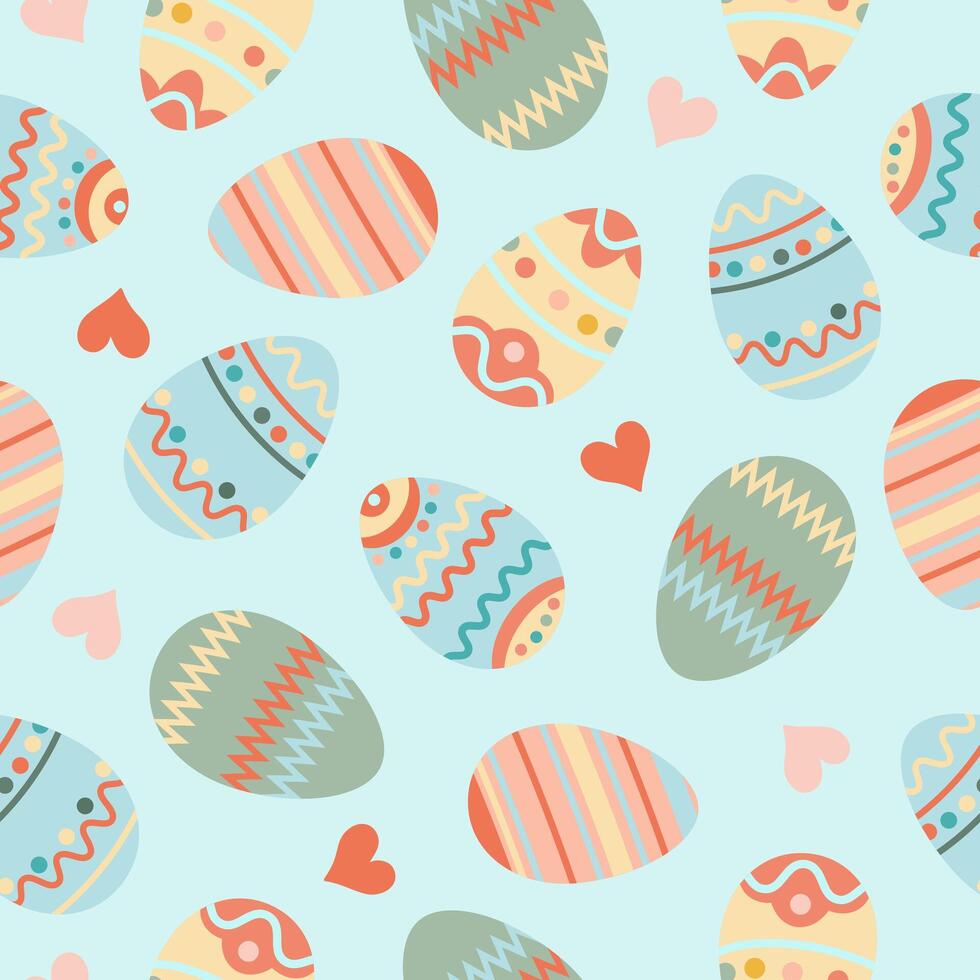 Happy easter. Seamless pattern with easter eggs, hearts on blue background. vector