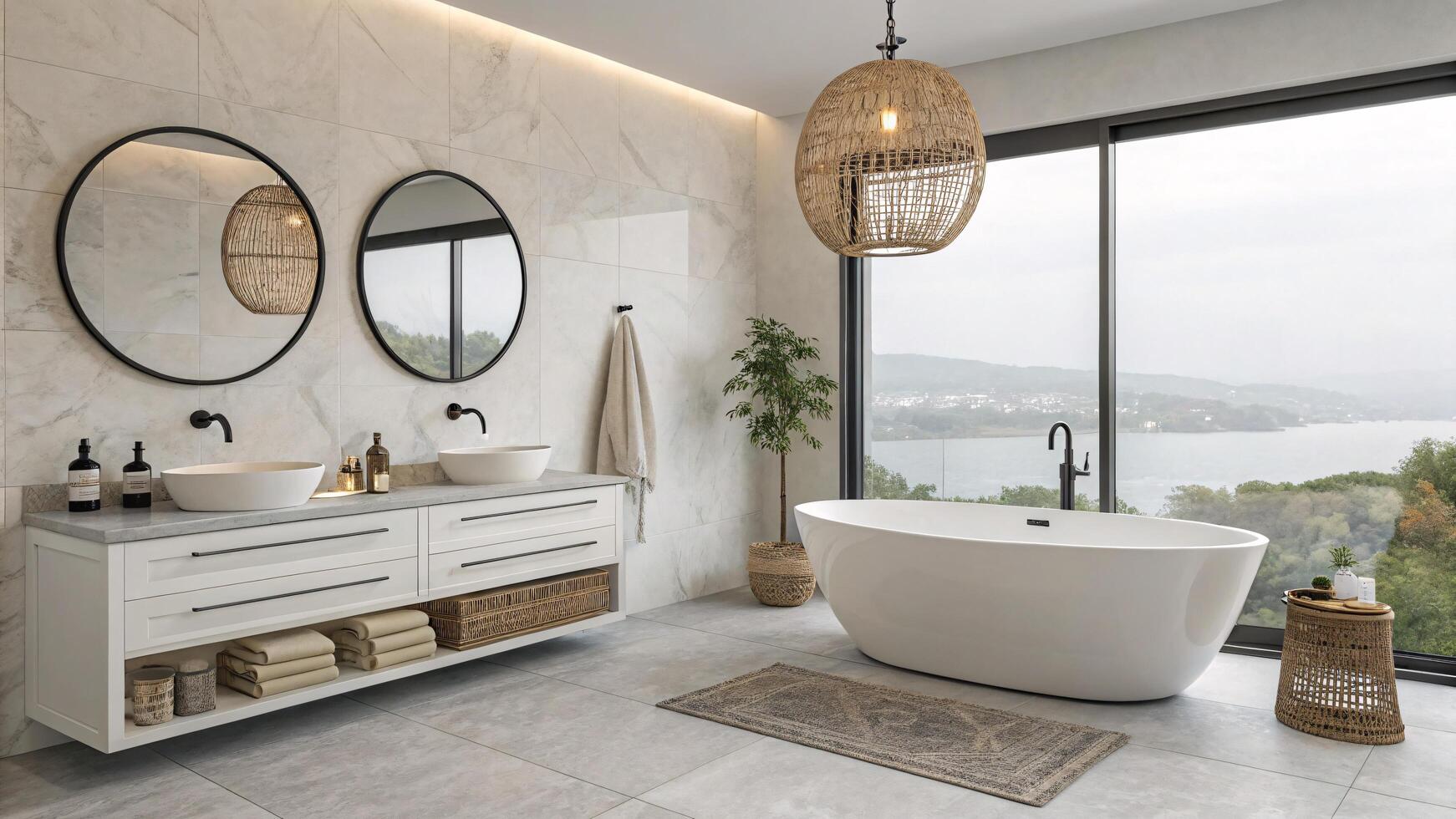 Modern bathroom design ideas luxury soaking tub, double vanity, round mirrors and natural light interior photo
