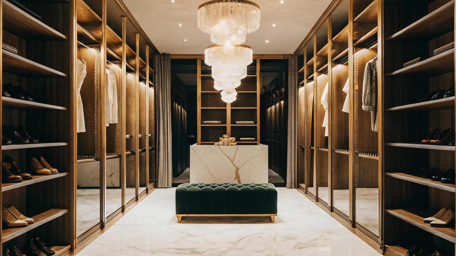 A walk - in closet with marble floors and wooden shelves photo
