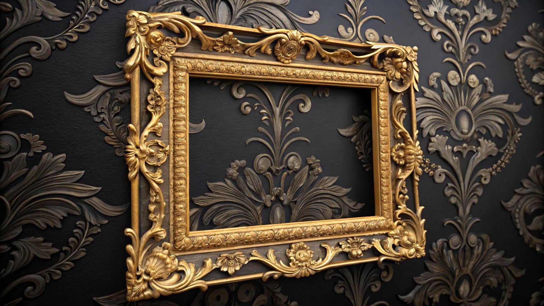 Empty golden frame on dark ornate wallpaper for art gallery or museum exhibit presentation or mock up design photo