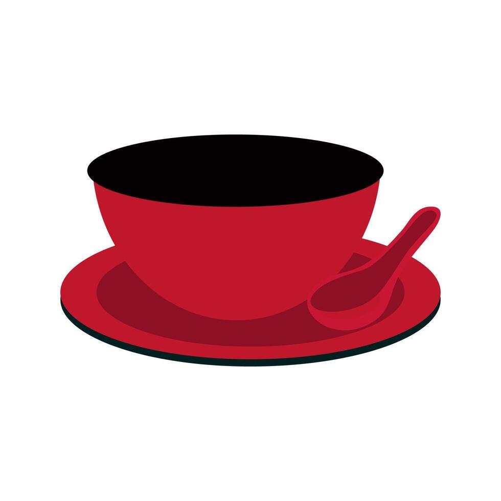 Black and Red Bowl with Spoon on Saucer vector