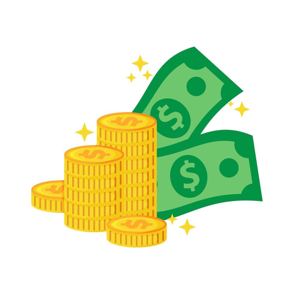 Stacks of Golden Coins and Green Dollar Bills with Sparkles vector