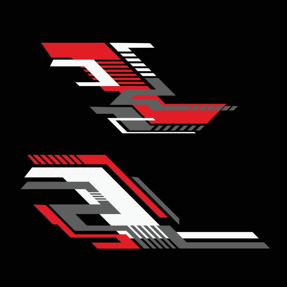 Car livery decal design with a combination of red and white colors on a black background. vector