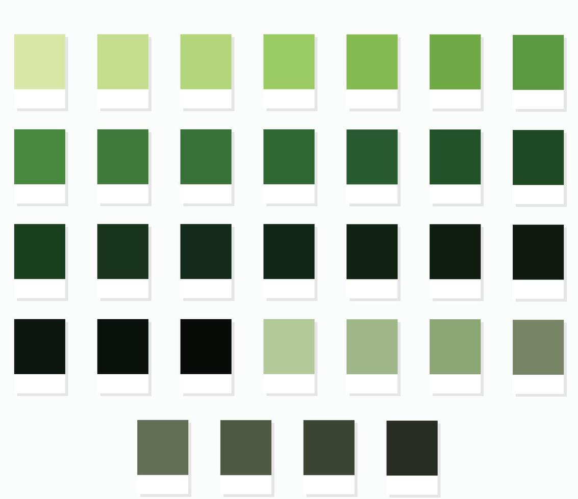 Color Swatches 32 Fern and Botanical Shades - 3d Light Faded Moss Greens to Dark Deep Tones, Colour Palette, Scheme and Combinations vector