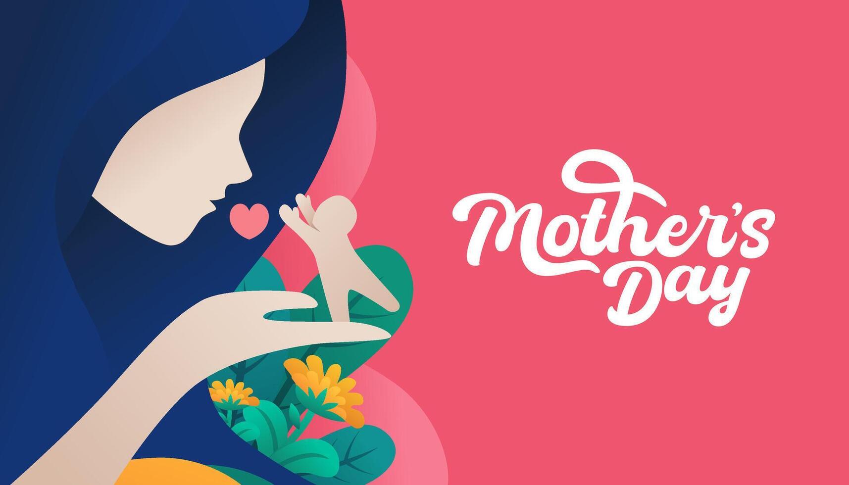 Mothers Day Calligraphy Banner With Mom and Her Kid Floral Ornament Concept vector