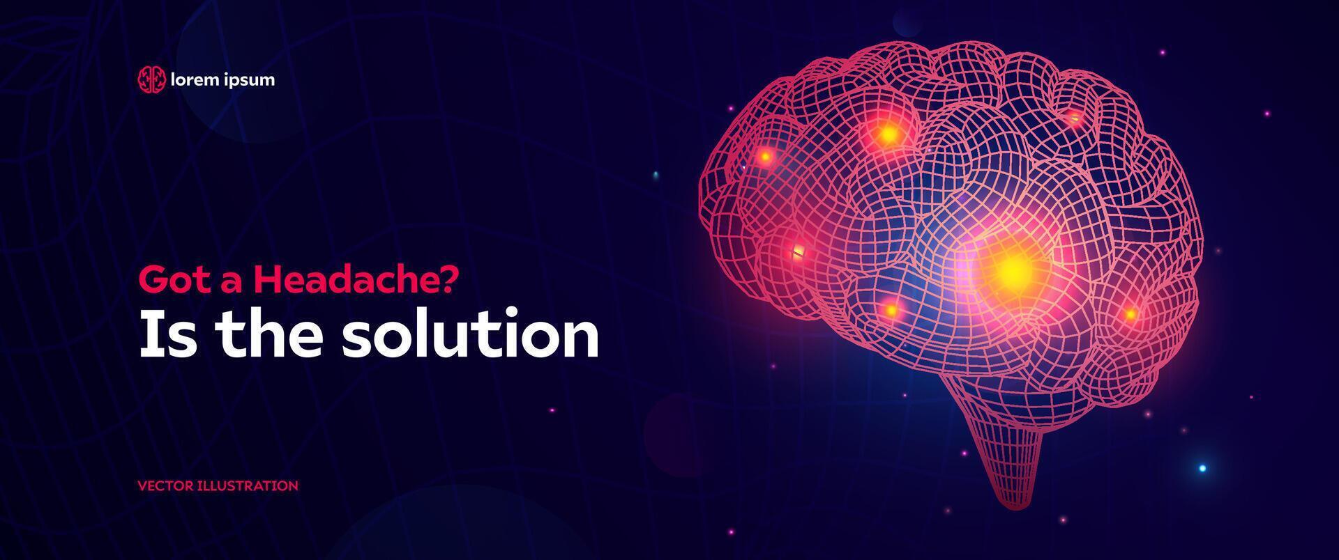 Digital Wireframe Brain With Glowing Pain Points Symbolizing Headache Or Neural Discomfort On Futuristic Background. Ideal For Medical And Health Topics. Illustration. vector