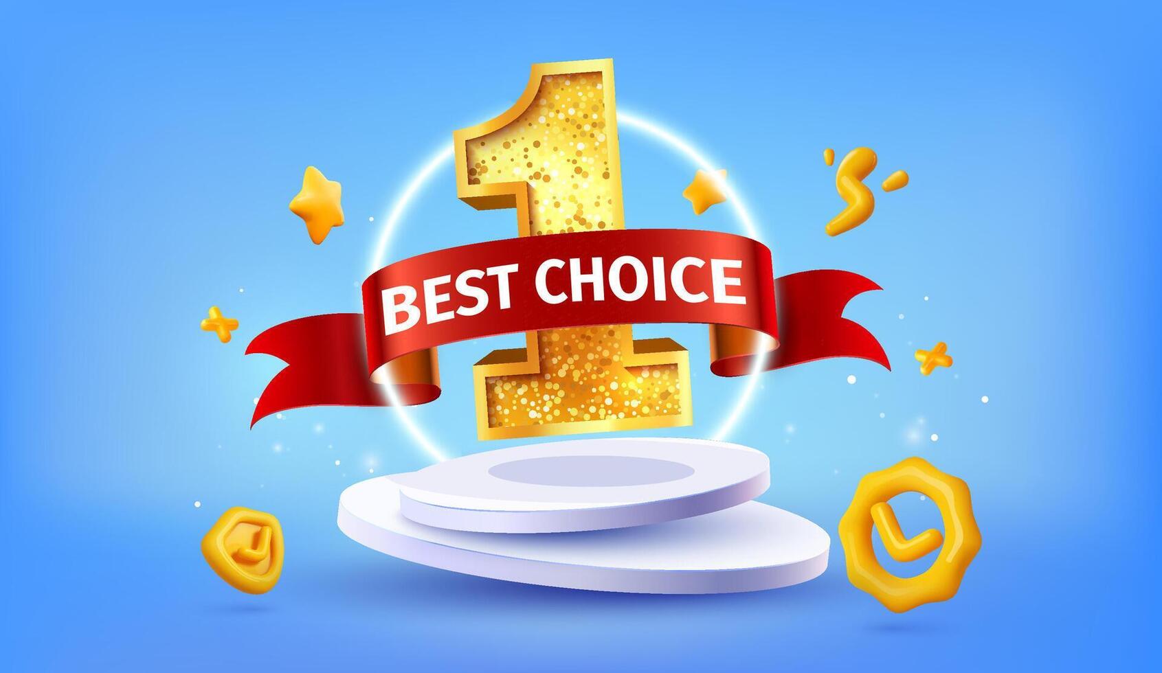 Best Choice Golden Number One With Red Ribbon, Podium And 3D Elements On Blue Background. Premium Quality Ranking Or Award Concept. Illustration. vector