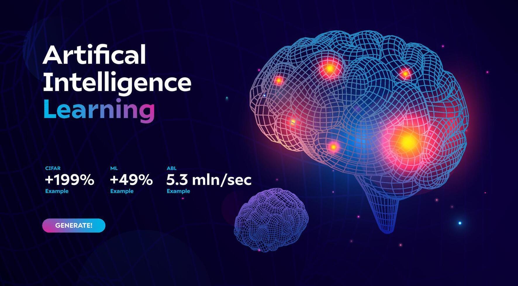 Glowing Wireframe Brain With Neural Connections And Energy Bursts On Futuristic Dark Background. Ideal For AI, Science, And Tech Concepts. Illustration. vector