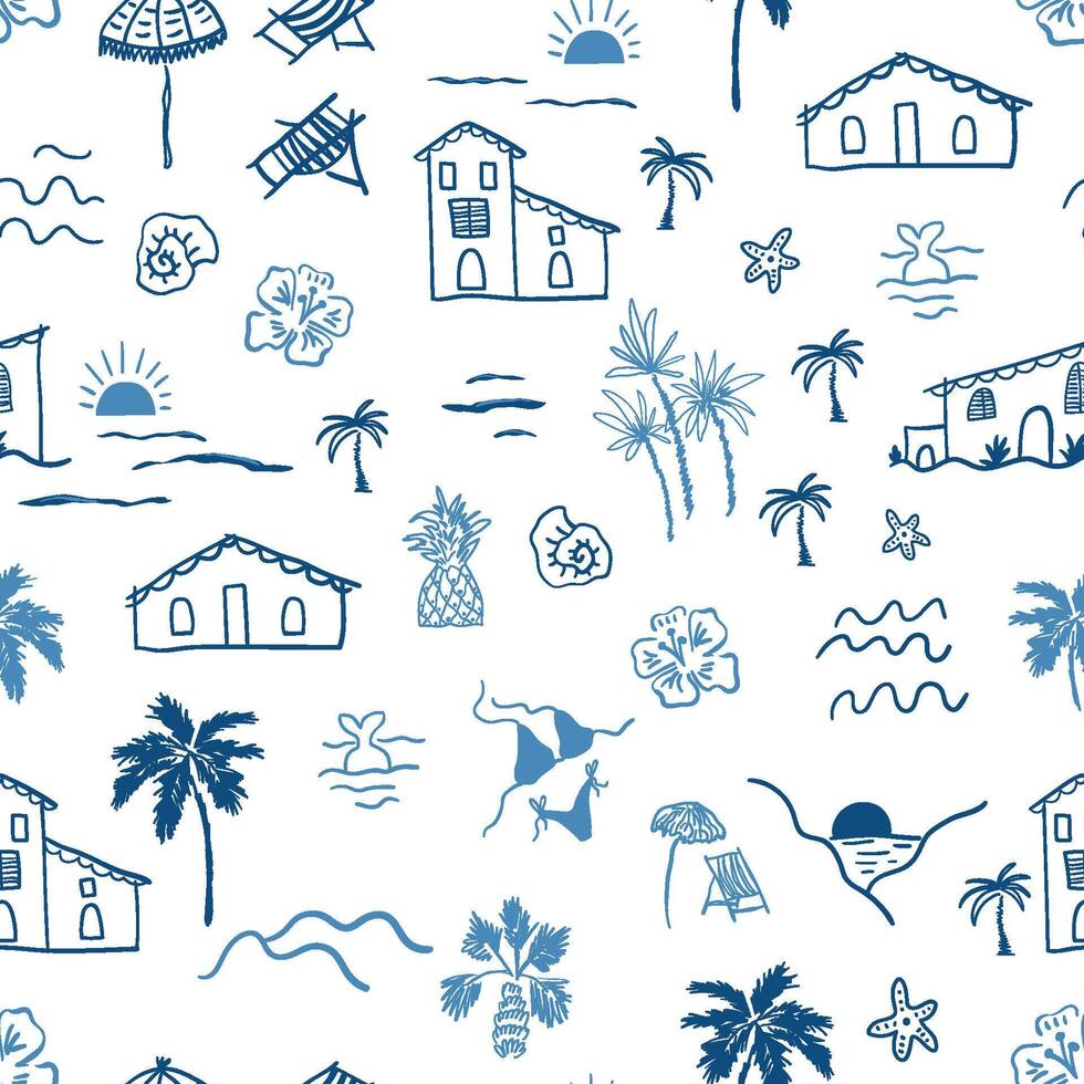 Blue tropical beach seamless pattern. Ink drawing summer vacation print with houses, palms, sea scene, sunset, elements. Cute illustration, textile design, exotic wallpaper, repeat background. vector