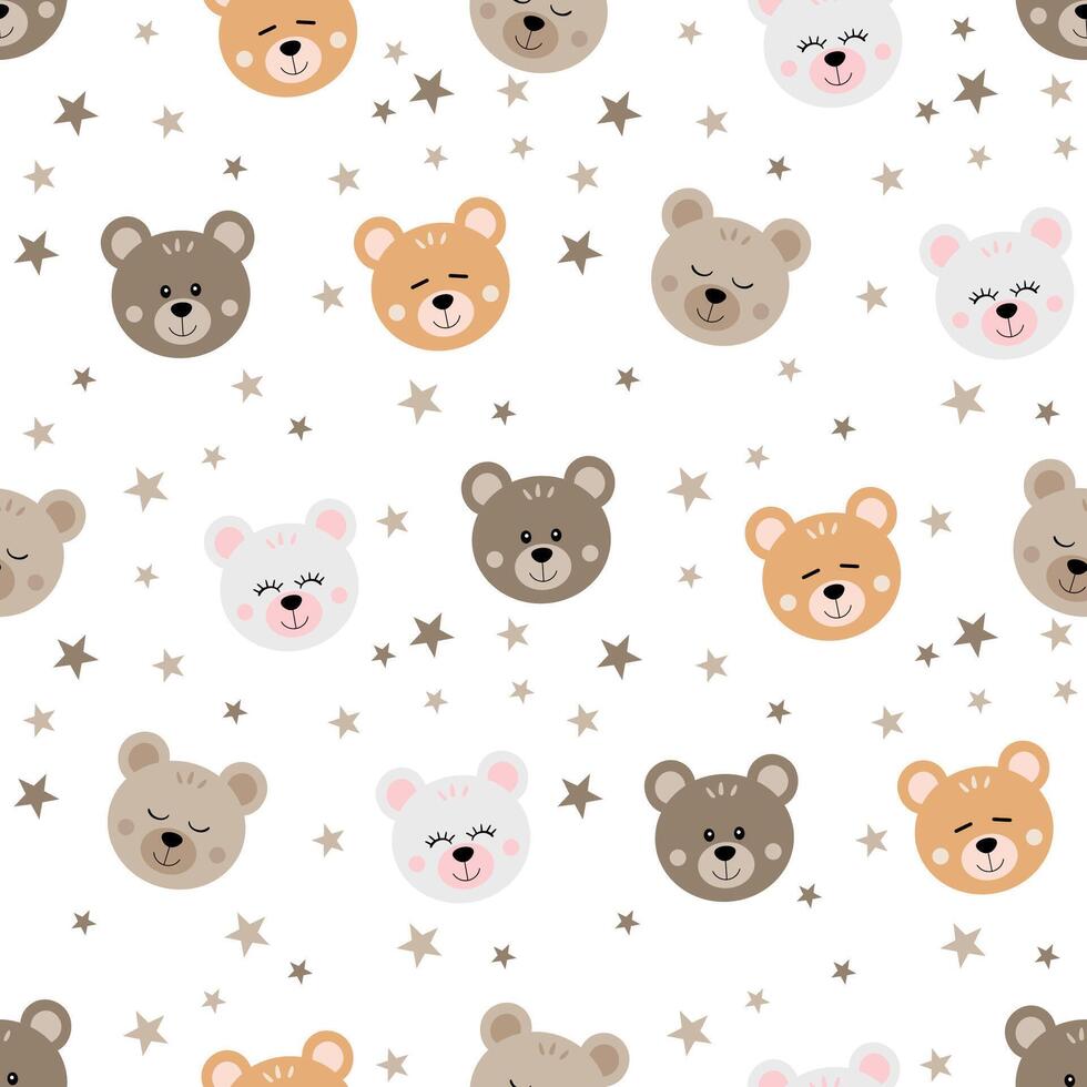 Seamless pattern with cute teddy bear face and stars vector