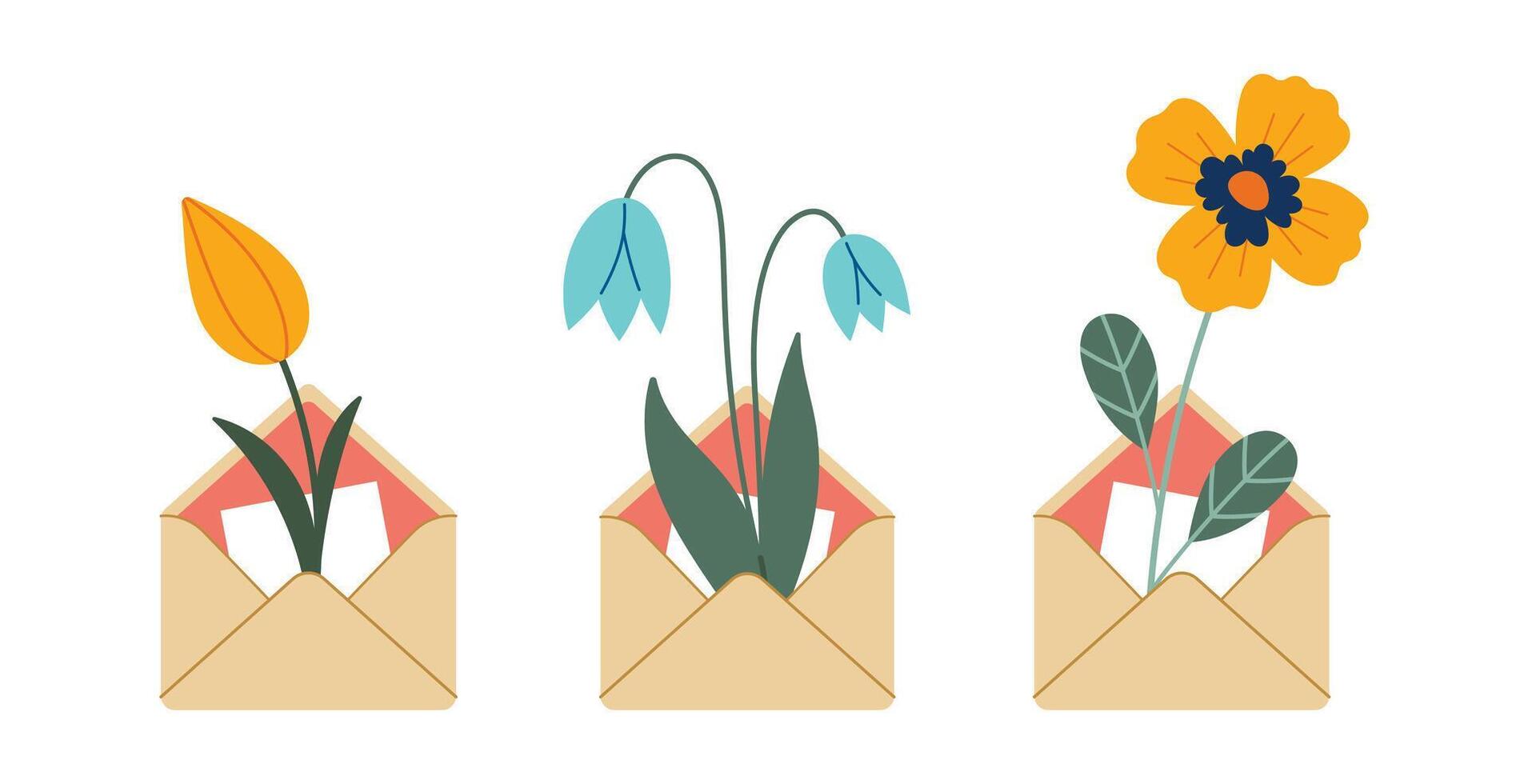 Envelope with flowers and herbs set. Hello spring concept. Summer Letter collection. Illustration, flat design. Flowers bouquet in envelope. Hand drawn trendy icon. vector