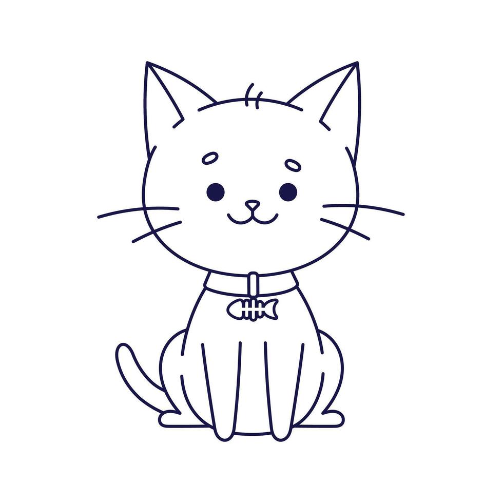Cute happy cat in collar with medallion in the form of fish. Outline Cat in kawaii style. Hand drawn illustration. Coloring page vector