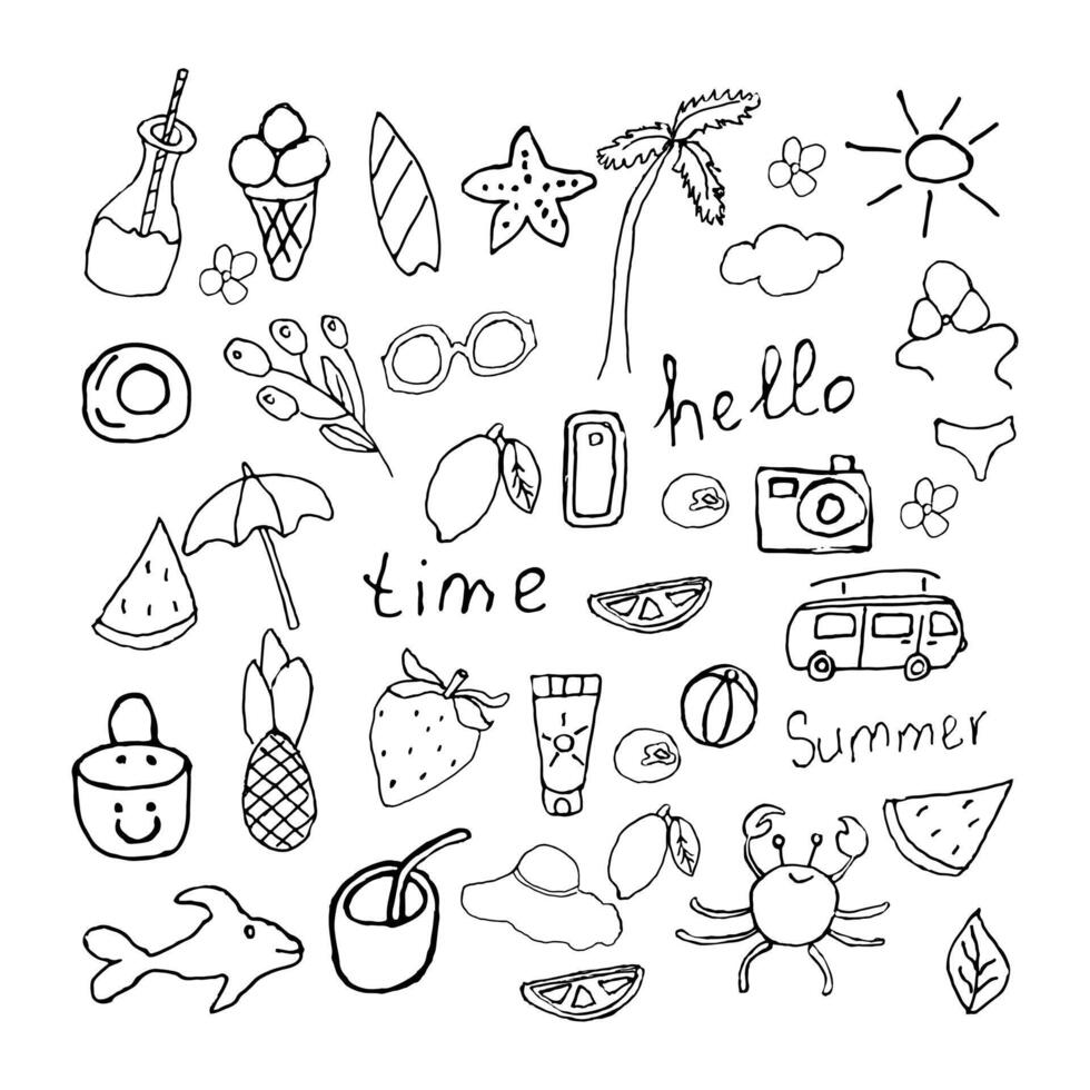 A set of icons with funny summer drawings. vector