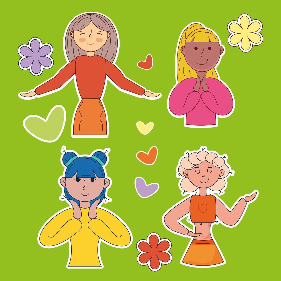 A set of stickers with cute girls on a green background. vector