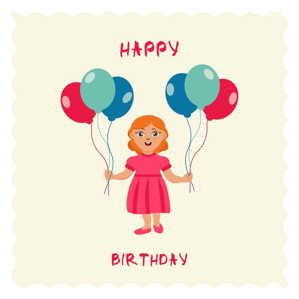 A girl in a pink dress, holding balloons in her hands. vector